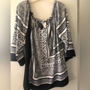 Chico's Black & White Printed Tunic with Tie Neck